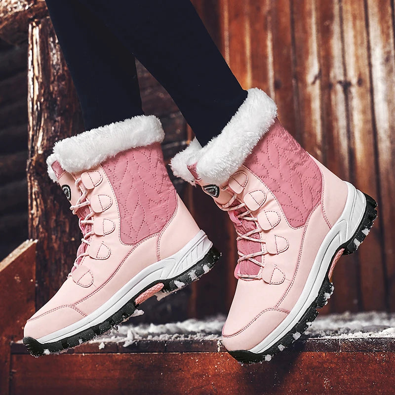 Botas impermeáveis de inverno para mulheres, botas de neve 2025, calçados de algodão para neve femininos, quentes e espessos, resistentes ao desgaste e confortáveis