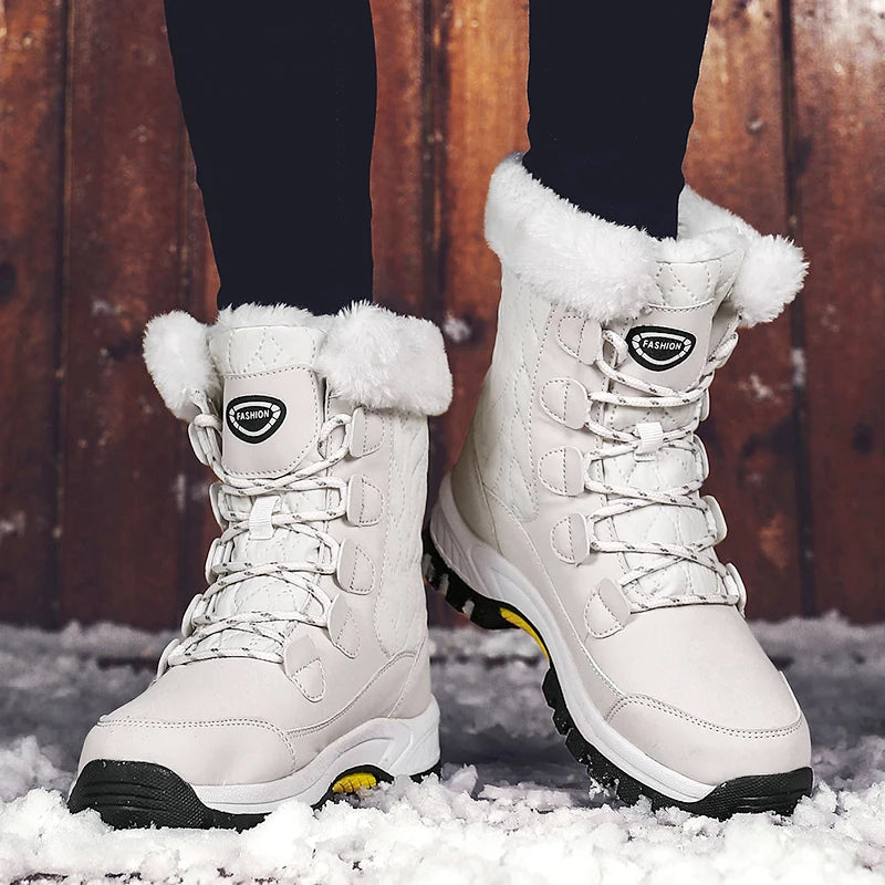 Botas impermeáveis de inverno para mulheres, botas de neve 2025, calçados de algodão para neve femininos, quentes e espessos, resistentes ao desgaste e confortáveis