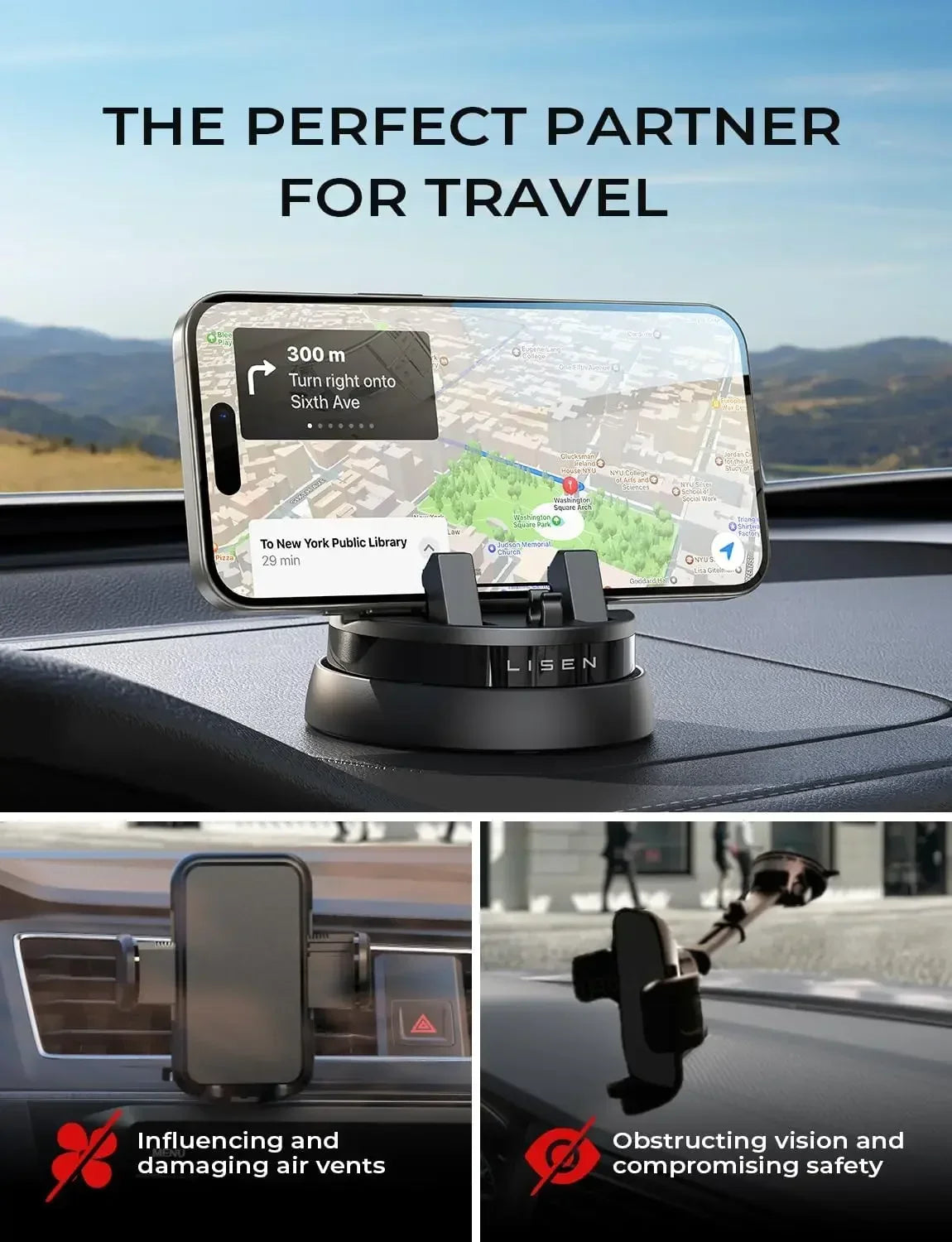 LISEN New Design 2024 360 Rotation Air Vent Phone Stand Folding Dashboard Mobile Phone Holder for Car